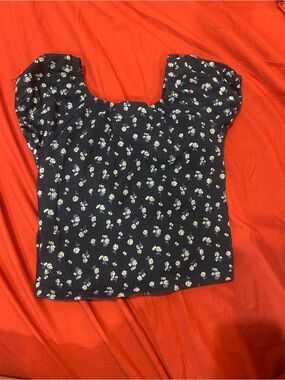 Navy Floral Square-Neck Puff Sleeve Crop Top
